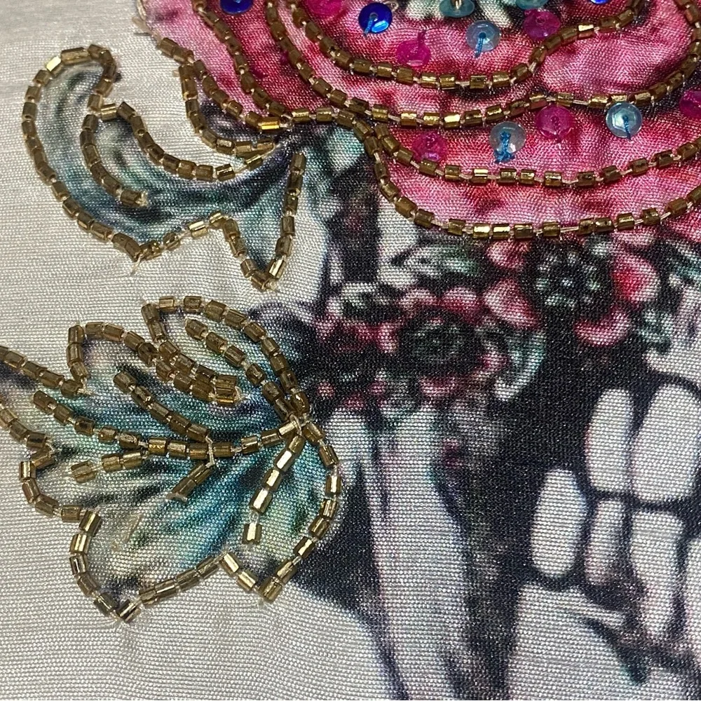 Embroidered and Bead Embellished Skull Decorative Pillow with Floral Design